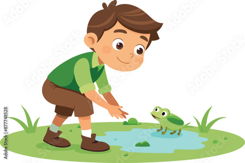 Illustration of a boy crouching near a pond with a frog