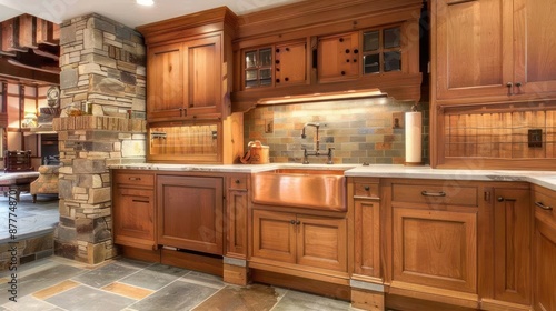 elegant Craftsman kitchen with custom wooden cabinets and a copper sink, surrounded by stone tiles