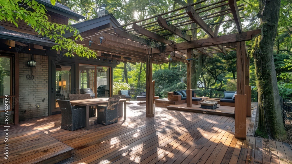 intimate Craftsman-style patio with wooden decking and a handcrafted pergola, surrounded by mature trees intimate Craftsman-style patio with wooden decking and a handcrafted pergola, surrounded by mature trees