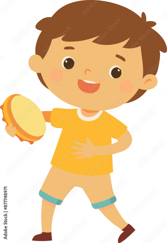 Fototapeta premium Happy boy playing tambourine in yellow shirt and shorts, cheerful kid illustration