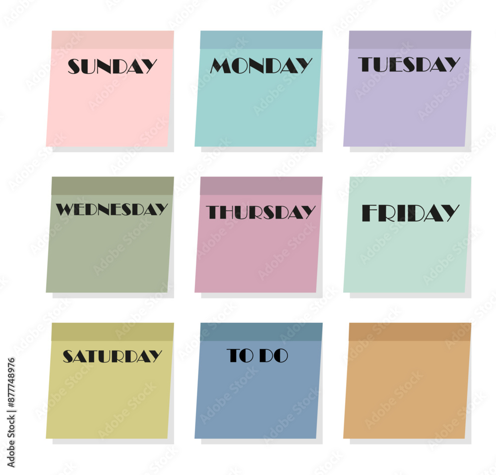Weekly planner icons. Colorful sticky notes. Days of week. Vector minimal design.