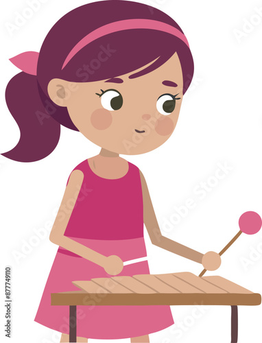 Little girl in pink dress playing xylophone, cute musical illustration