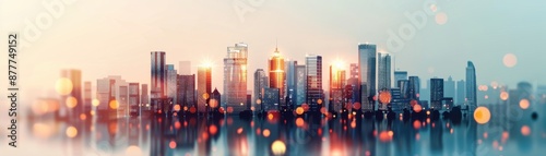 City skyline at sunset with bright reflections and bokeh lights creating a vibrant and modern urban landscape, perfect for cityscape photography.