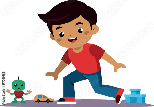 Boy in red shirt playing with toys, happy playtime illustration