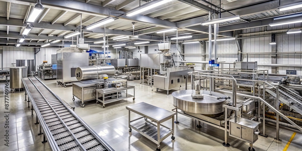 Interior of a modern food processing plant with stainless steel machinery and conveyor belts, food processing