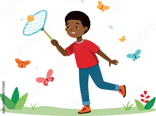 A young boy is holding a net and trying to catch butterflies