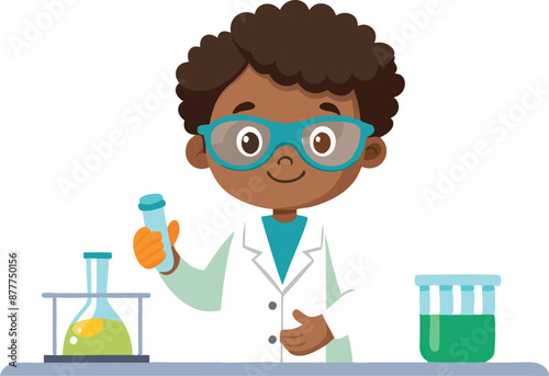 A young black boy wearing a lab coat and glasses is holding a beaker