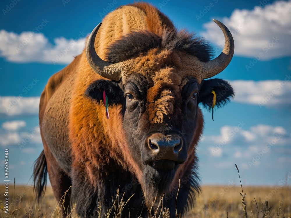 Close-up of a majestic bison standing in an open field under a clear blue sky, showcasing its powerful presence and natural beauty.
Close-up of a majestic bison standing in an open field under a clear blue sky, showcasing its powerful presence and natural beauty.