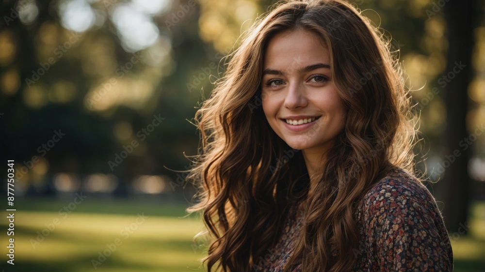 A young woman with long, wavy hair smiling in a park on a sunny day, surrounded by greenery and natural light.
A young woman with long, wavy hair smiling in a park on a sunny day, surrounded by greenery and natural light.