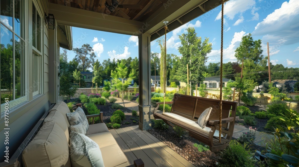 craftsman-style back porch with a wooden swing and views of the landscaped garden craftsman-style back porch with a wooden swing and views of the landscaped garden