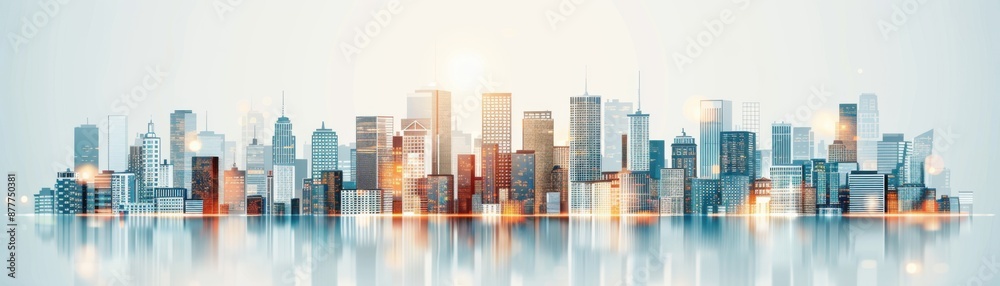 Fototapeta premium Modern city skyline with reflective water and soft lighting, capturing urban architecture and high-rise buildings at dawn.