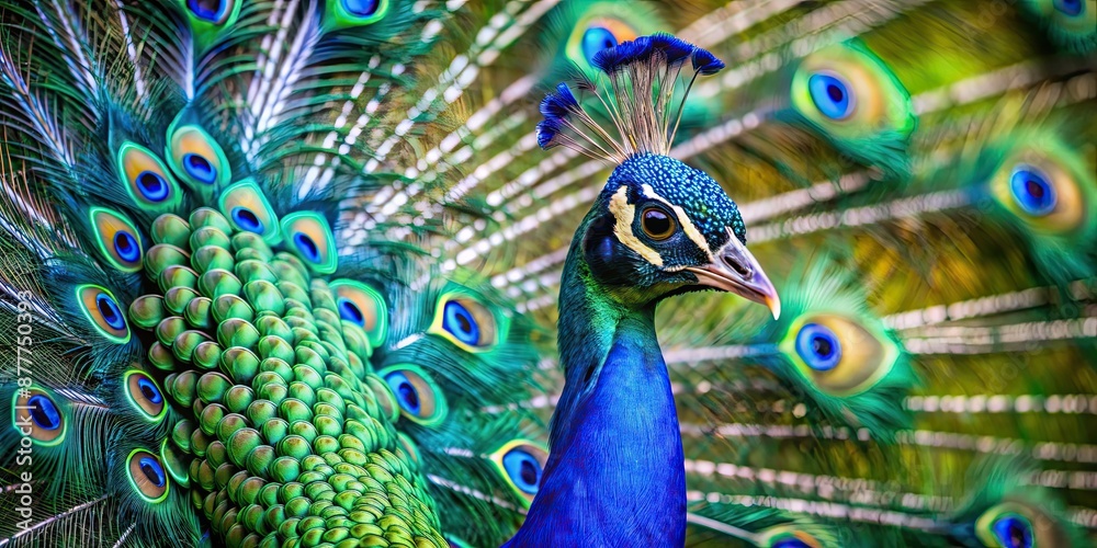 Obraz premium Peacock with vibrant green and blue feathers, peacock, bird, colorful, vibrant, feathers, green, blue, wildlife, nature