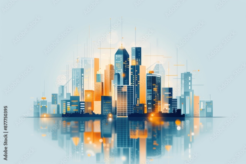 Modern cityscape with skyscrapers reflecting on water, showcasing urban architecture and futuristic design in an artistic illustration. Modern cityscape with skyscrapers reflecting on water, showcasing urban architecture and futuristic design in an artistic illustration.