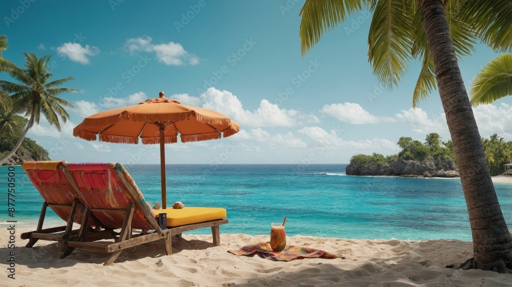 Obraz premium Idyllic tropical beach with loungers, orange umbrella, and palm trees overlooking clear blue waters under a sunny sky. 