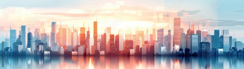 Panoramic view of a modern city skyline at sunrise with water reflections and soft pastel colors in the sky, depicting urban architecture. Panoramic view of a modern city skyline at sunrise with water reflections and soft pastel colors in the sky, depicting urban architecture.