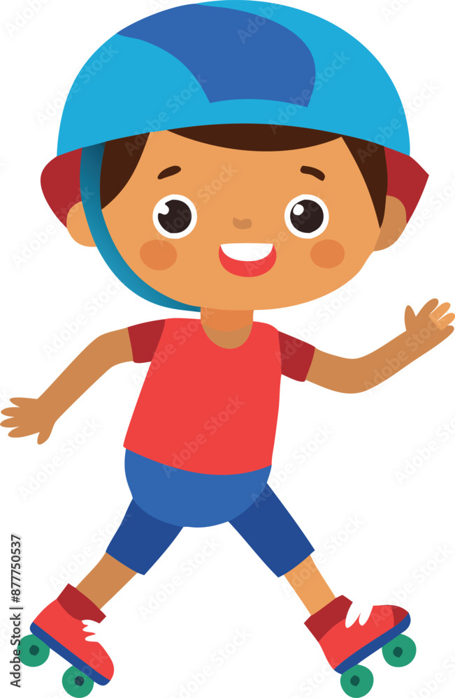 A cartoon boy is wearing a helmet and riding a skateboard