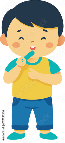 A young boy is brushing his teeth