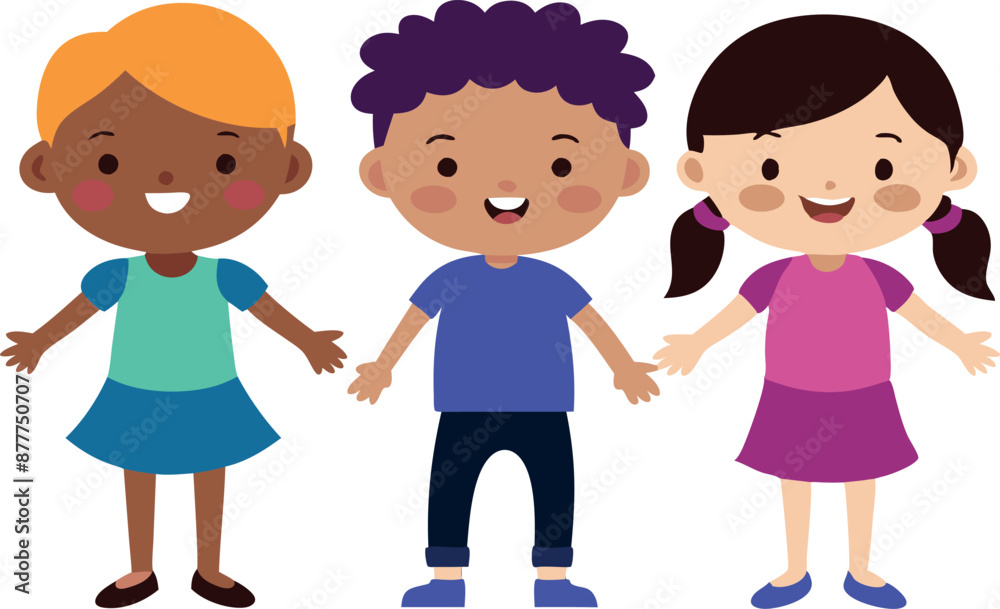 Three children are standing together, smiling and holding hands Three children are standing together, smiling and holding hands