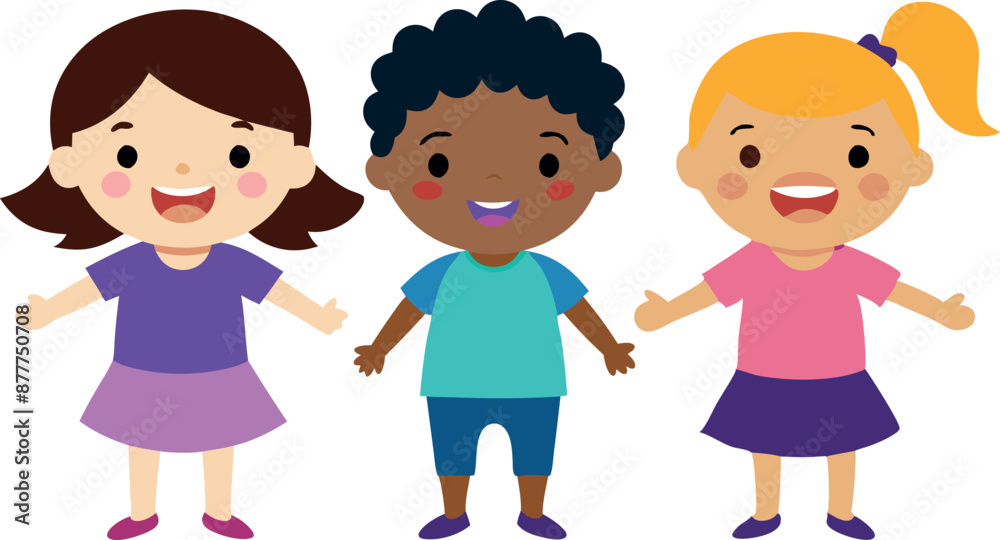 Three children are standing together, smiling and holding hands Three children are standing together, smiling and holding hands