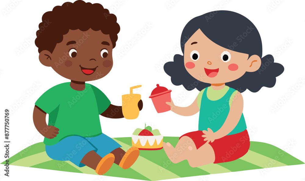 Two children are sitting on a green blanket and eating food Two children are sitting on a green blanket and eating food