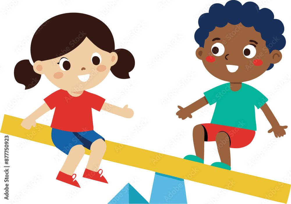 Happy kids playing on a seesaw showing joy and friendship Happy kids playing on a seesaw showing joy and friendship