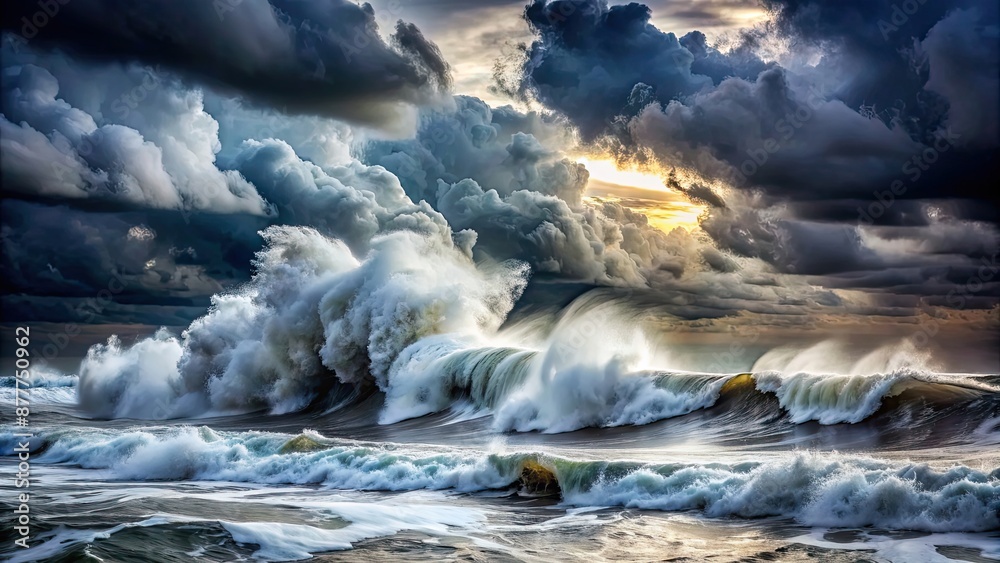 Fototapeta premium Dramatic sea storm with crashing waves and dark clouds , stormy, ocean, waves, water, dramatic, weather, powerful, nature