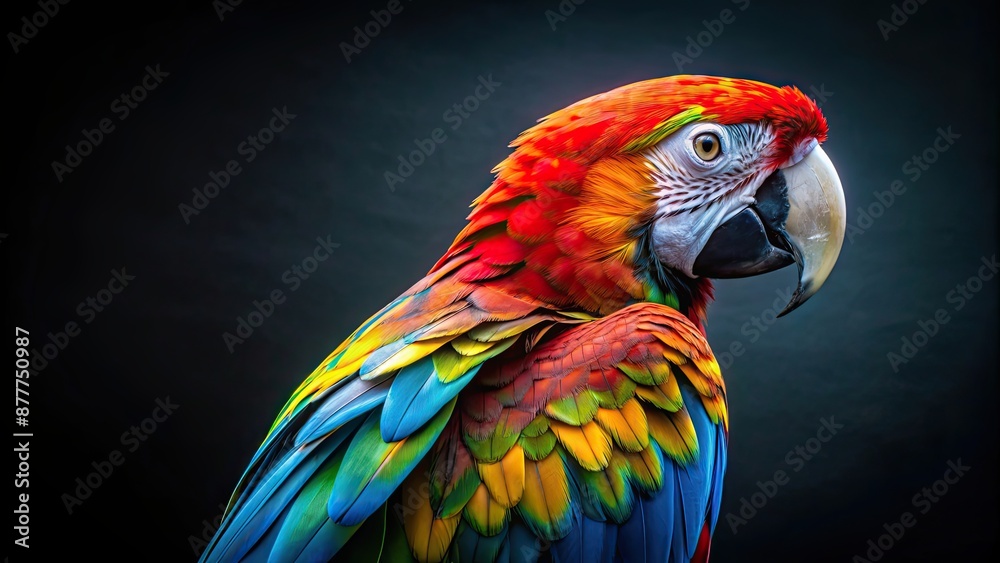 Fototapeta premium Vibrant parrot showcasing colorful feathers on a dark background, parrot, colorful, feathers, bird, bright
