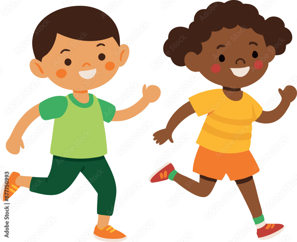 Cartoon illustration of two happy children running and smiling together Cartoon illustration of two happy children running and smiling together