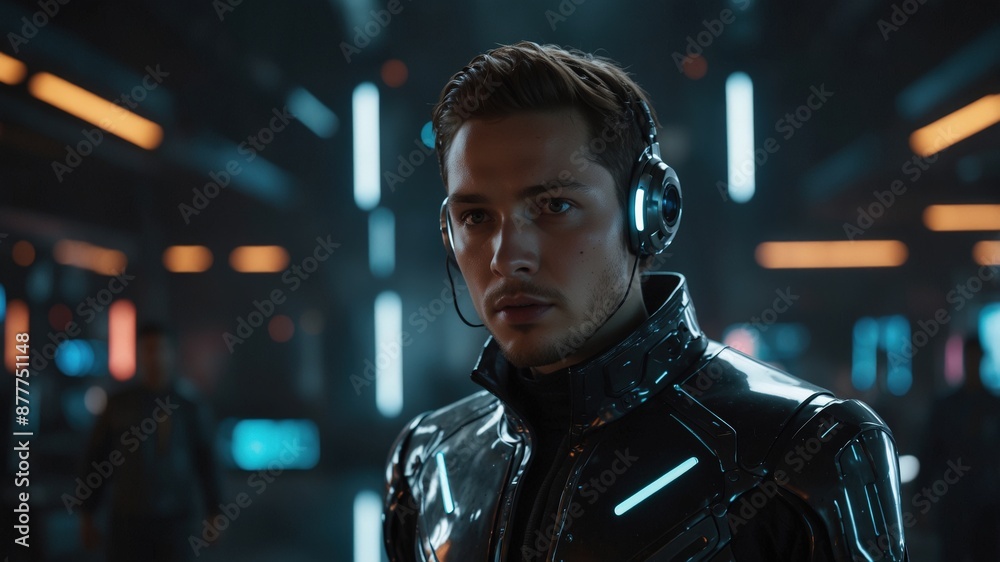 A serious man wearing a headset and futuristic attire stands in a high-tech facility with glowing lights and advanced technology.
A serious man wearing a headset and futuristic attire stands in a high-tech facility with glowing lights and advanced technology.