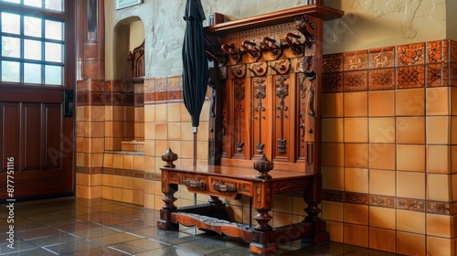 craftsman-style coat stand made of mahogany, with hand-carved hooks and an umbrella holder, placed in a tiled entryway