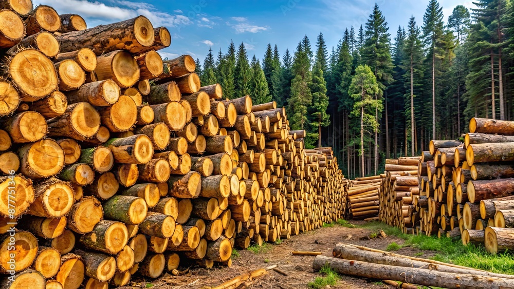 Stacked trunks of cut trees at a logging site , logging, deforestation, timber, forest, environment, industry Stacked trunks of cut trees at a logging site , logging, deforestation, timber, forest, environment, industry