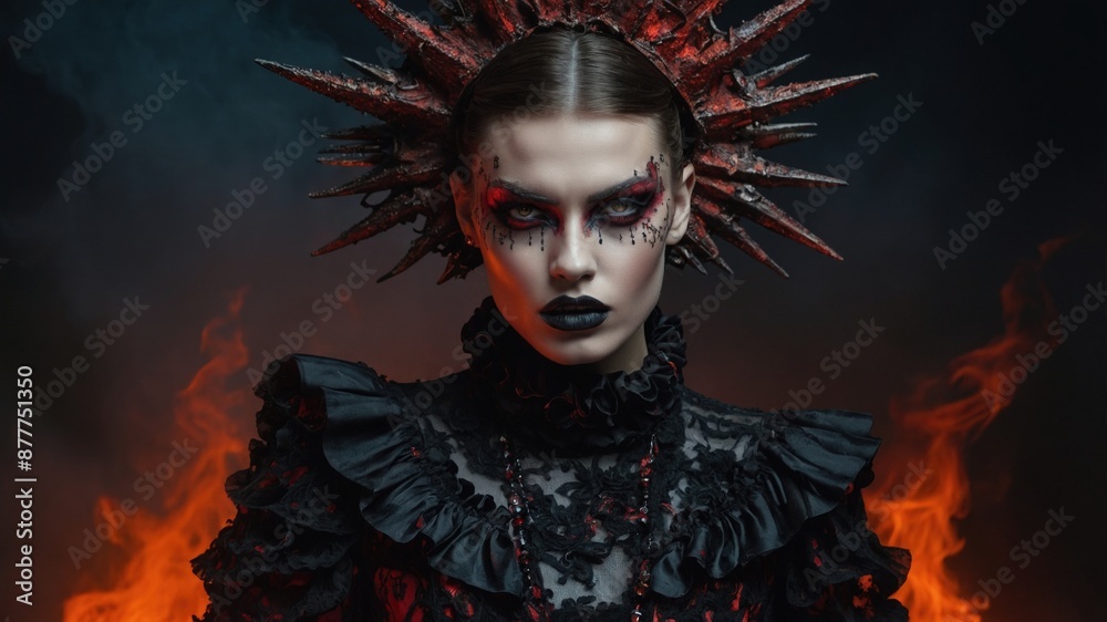 Portrait of a woman in gothic makeup, wearing black lace and a spiked headpiece, with a fiery background creating a dramatic and intense look.
Portrait of a woman in gothic makeup, wearing black lace and a spiked headpiece, with a fiery background creating a dramatic and intense look.