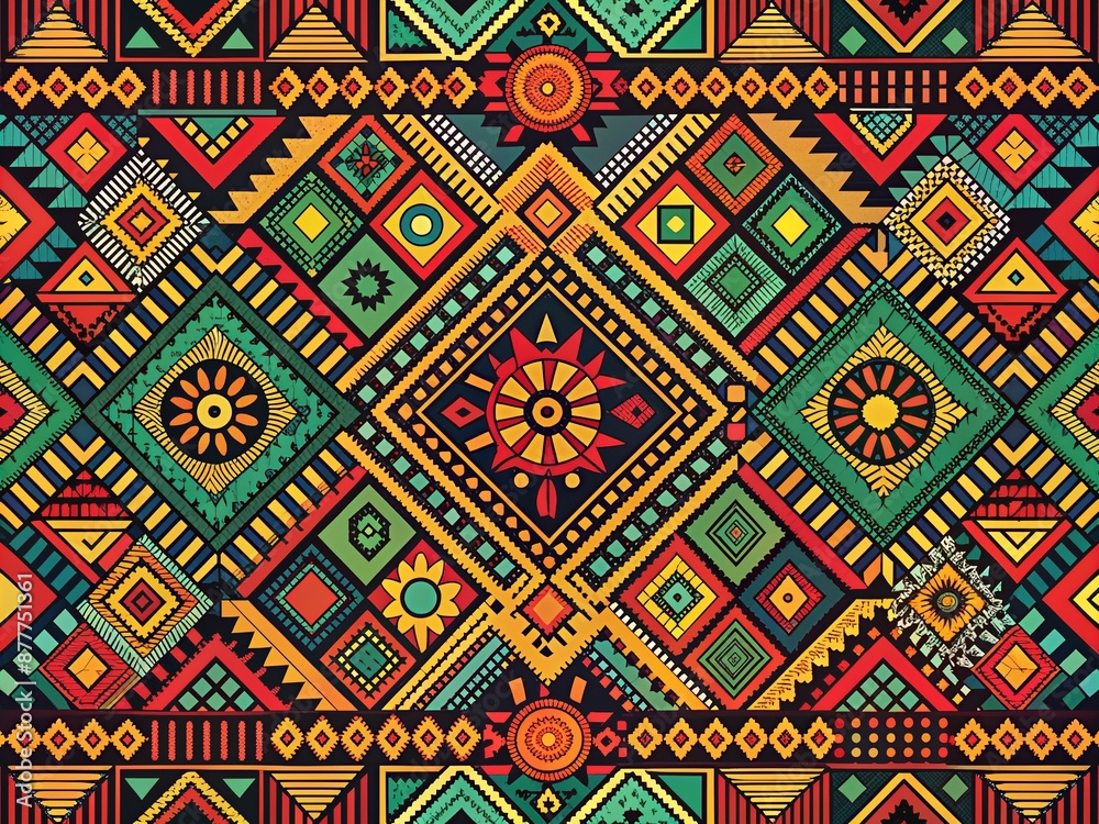 Vibrant African tribal pattern illustration featuring colorful geometric shapes, intricate designs, and symbolic motifs, celebrating rich cultural heritage and diversity during Black History Month. Vibrant African tribal pattern illustration featuring colorful geometric shapes, intricate designs, and symbolic motifs, celebrating rich cultural heritage and diversity during Black History Month.