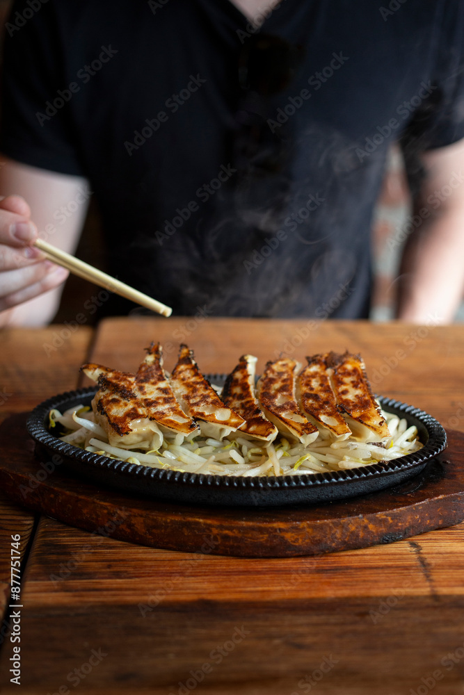 Dim Sum Fried Dumplings At Restaurant With Chopsticks Steaming Hot Food Dim Sum Fried Dumplings At Restaurant With Chopsticks Steaming Hot Food