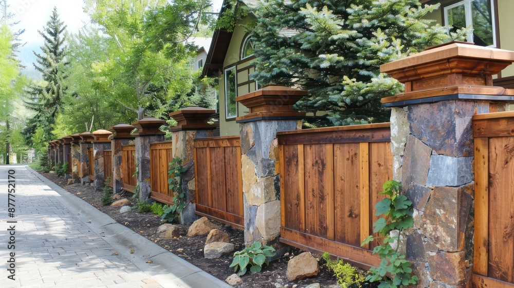 Craftsman-style fence with handcrafted wooden panels and natural stone posts, enhancing curb appeal Craftsman-style fence with handcrafted wooden panels and natural stone posts, enhancing curb appeal