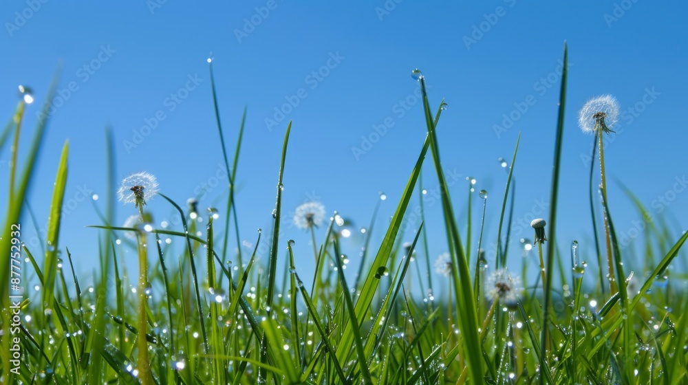 dew on dandelion seeds on a green meadow with a clear blue sky generative ai dew on dandelion seeds on a green meadow with a clear blue sky generative ai