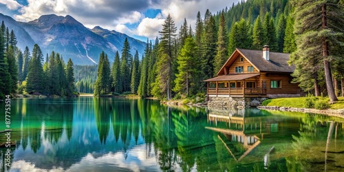 Chalet and crystal lake surrounded by pine trees, lake, crystal, Chalet