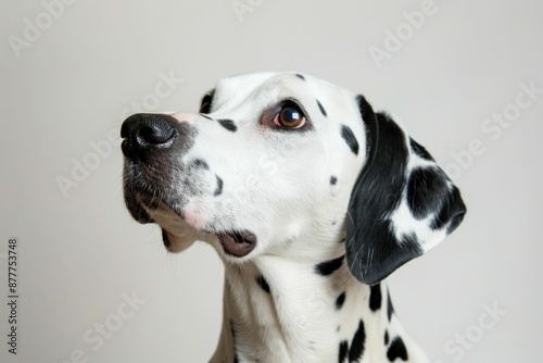 Close up portrait of a beautiful dalmatian dog with distinctive black and white spots on its face © SHOTPRIME STUDIO