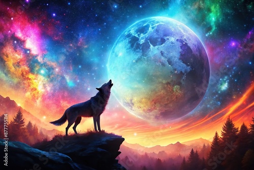 wolf galaxy/space vibrant colorful howling moon, galaxy/space, howling, wolf © artsakon