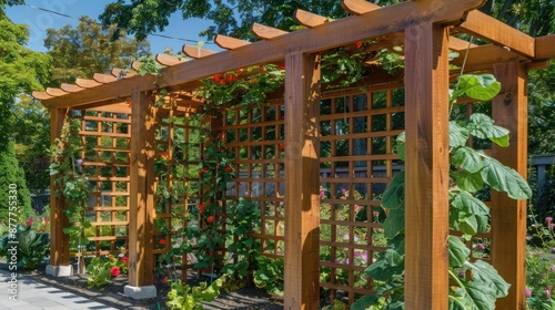 Craftsman-style garden trellis with wooden posts and crossbeams, supporting climbing vegetables or flowers for a functional garden element photo