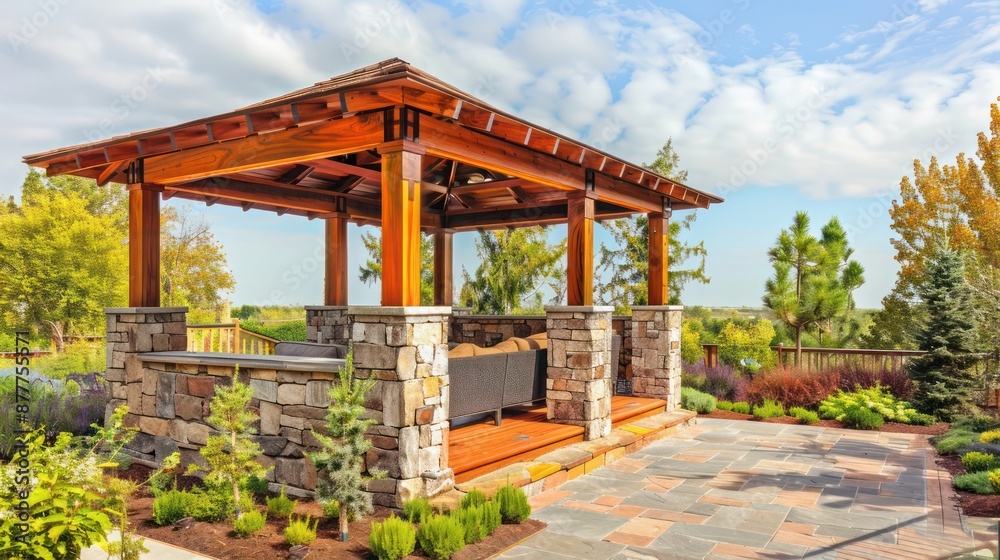 Craftsman-style gazebo with a wooden roof and stone columns, offering a shaded retreat with panoramic views of a garden Craftsman-style gazebo with a wooden roof and stone columns, offering a shaded retreat with panoramic views of a garden