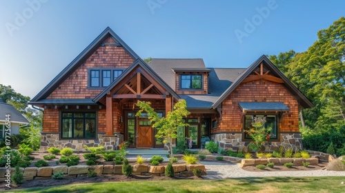 Craftsman-style home exterior with wooden shingles and hand-laid stone accents, blending into the suburban landscape