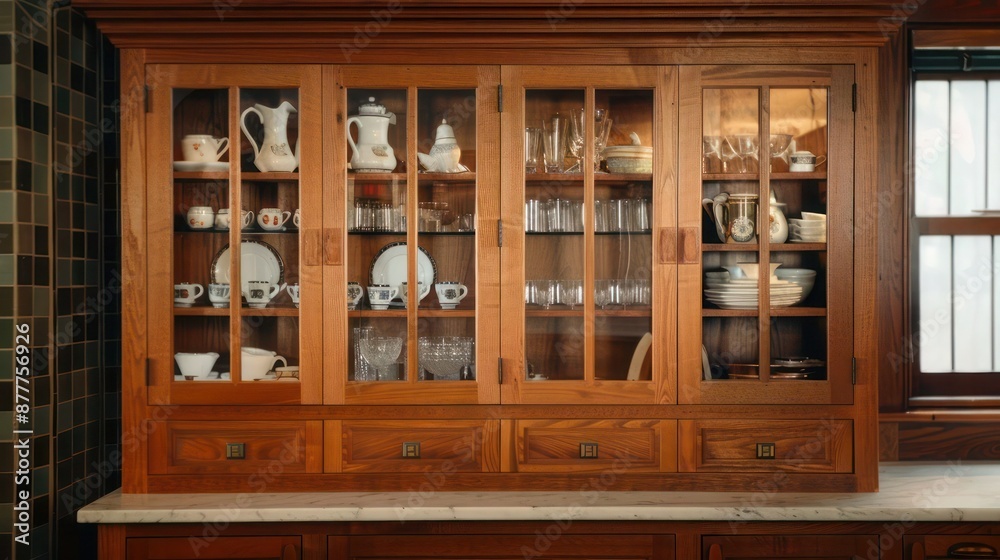 Craftsman-style kitchen cabinet with wooden doors and glass inserts, displaying fine china and glassware Craftsman-style kitchen cabinet with wooden doors and glass inserts, displaying fine china and glassware