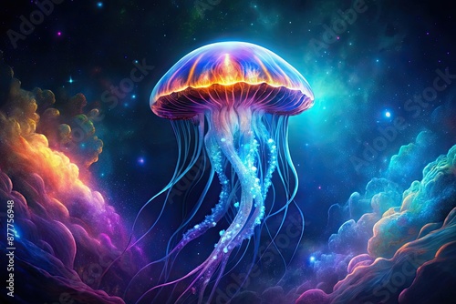 Glowing jellyfish swim deep in blue sea Medusa neon jellyfish fantasy in space cosmos among stars, Glowing, jellyfish, neon, space, stars, among, cosmos, Medusa, blue, fantasy