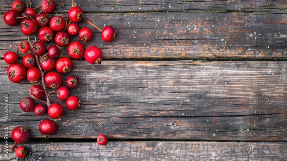 Hawthorn Berries on Wooden Surface Top View Hawthorn Berries on Wooden Surface Top View