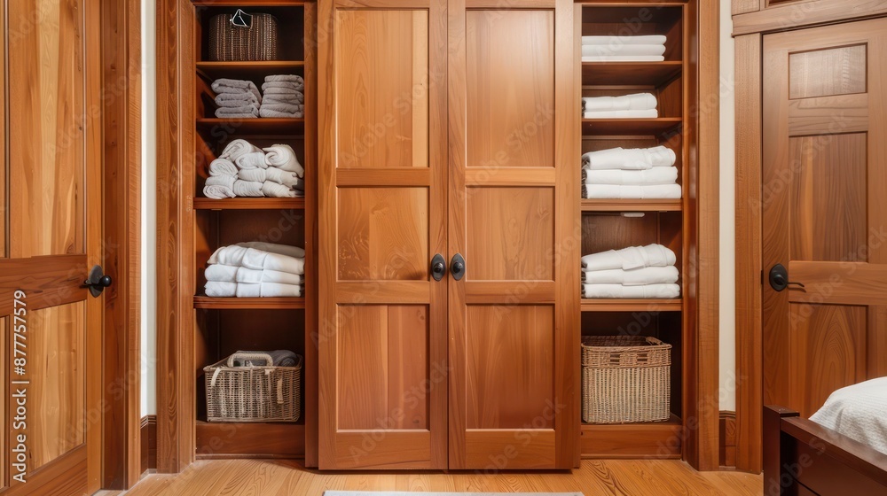 Craftsman-style linen closet with wooden doors and shelves, designed to blend seamlessly with the homea??s aesthetic Craftsman-style linen closet with wooden doors and shelves, designed to blend seamlessly with the homea??s aesthetic