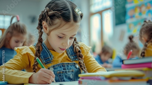 The schoolgirl writing in classroom