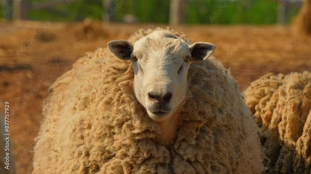 Cute sheep at village farm field countryside. Close-up face of curios pretty and fluffy sheep, looking at the camera, animal portrait in slow motion. Livestock agriculture, environment, animal rights Cute sheep at village farm field countryside. Close-up face of curios pretty and fluffy sheep, looking at the camera, animal portrait in slow motion. Livestock agriculture, environment, animal rights