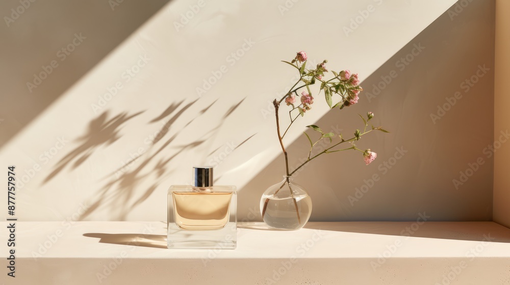 Transparent brown glass perfume bottle mockup on pedestal with minimalist background. Eau de toilette. Mockup, spring flat lay. Transparent brown glass perfume bottle mockup on pedestal with minimalist background. Eau de toilette. Mockup, spring flat lay.