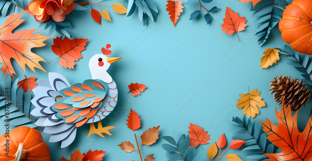 Obraz premium A blue background with a bird and leaves